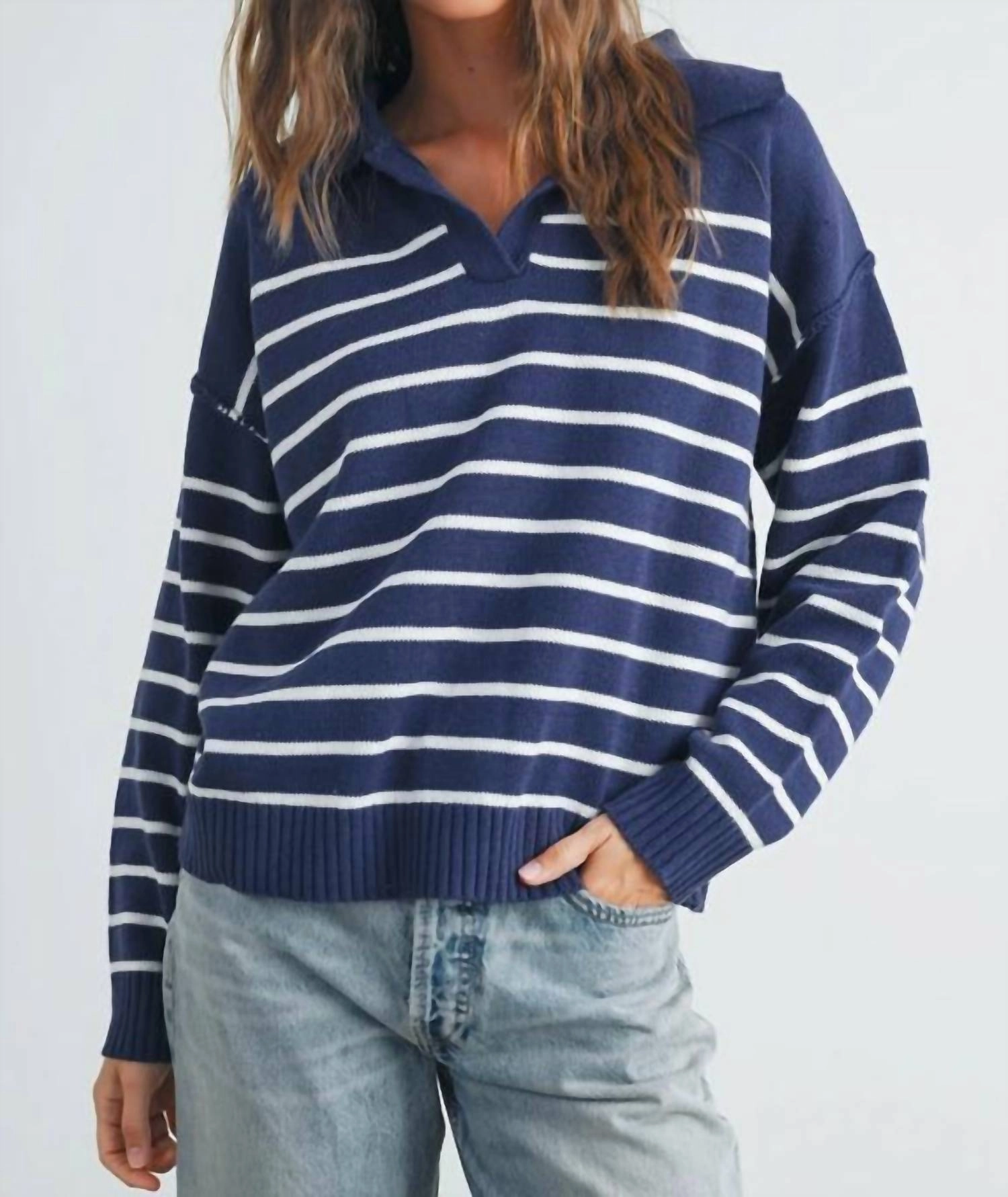 V Neck Cozy Sweater In Navy Cozy Comfort