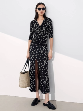 Jewel Tones V Neck Daisy Print Dress