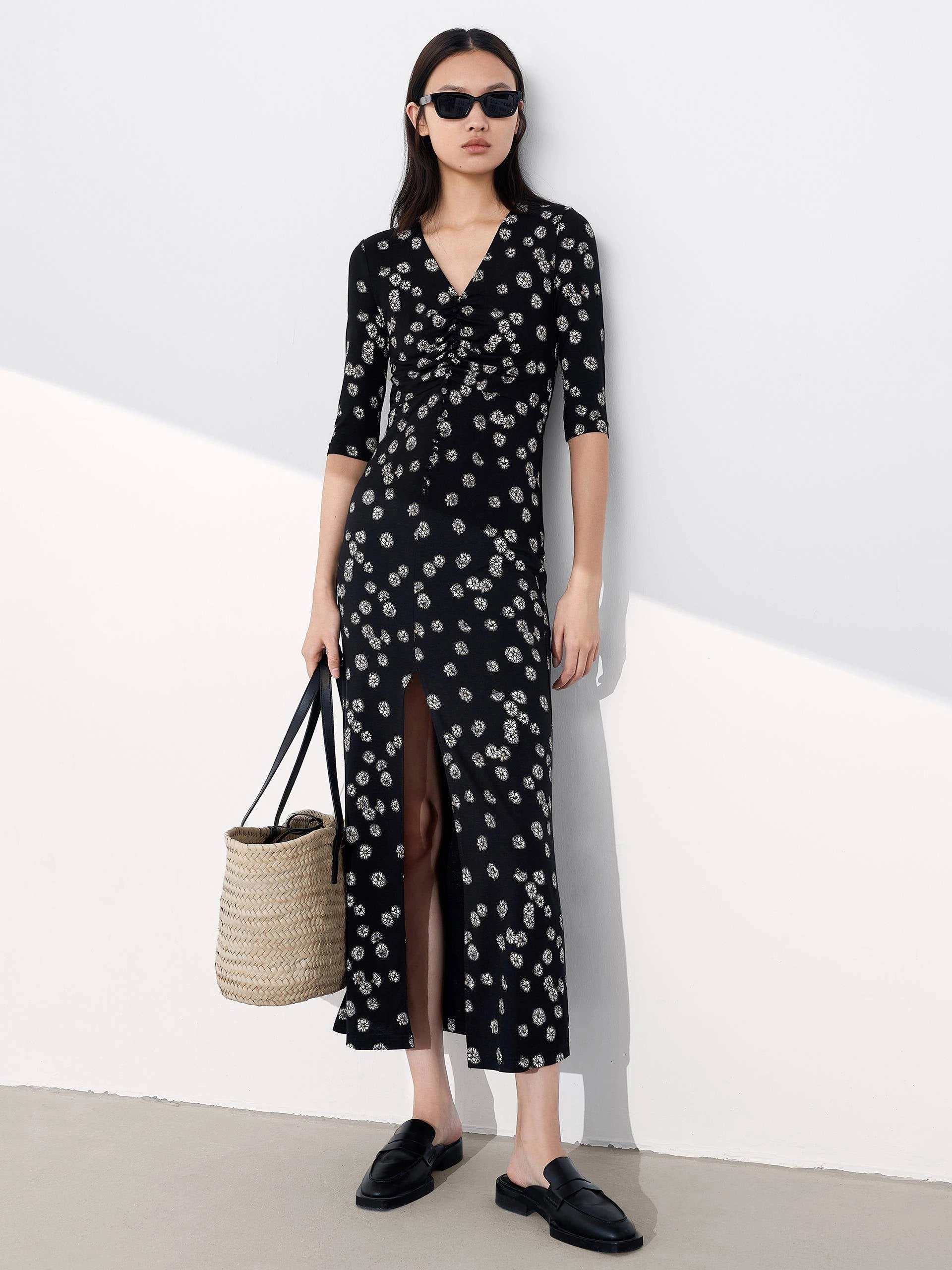 Jewel Tones V Neck Daisy Print Dress