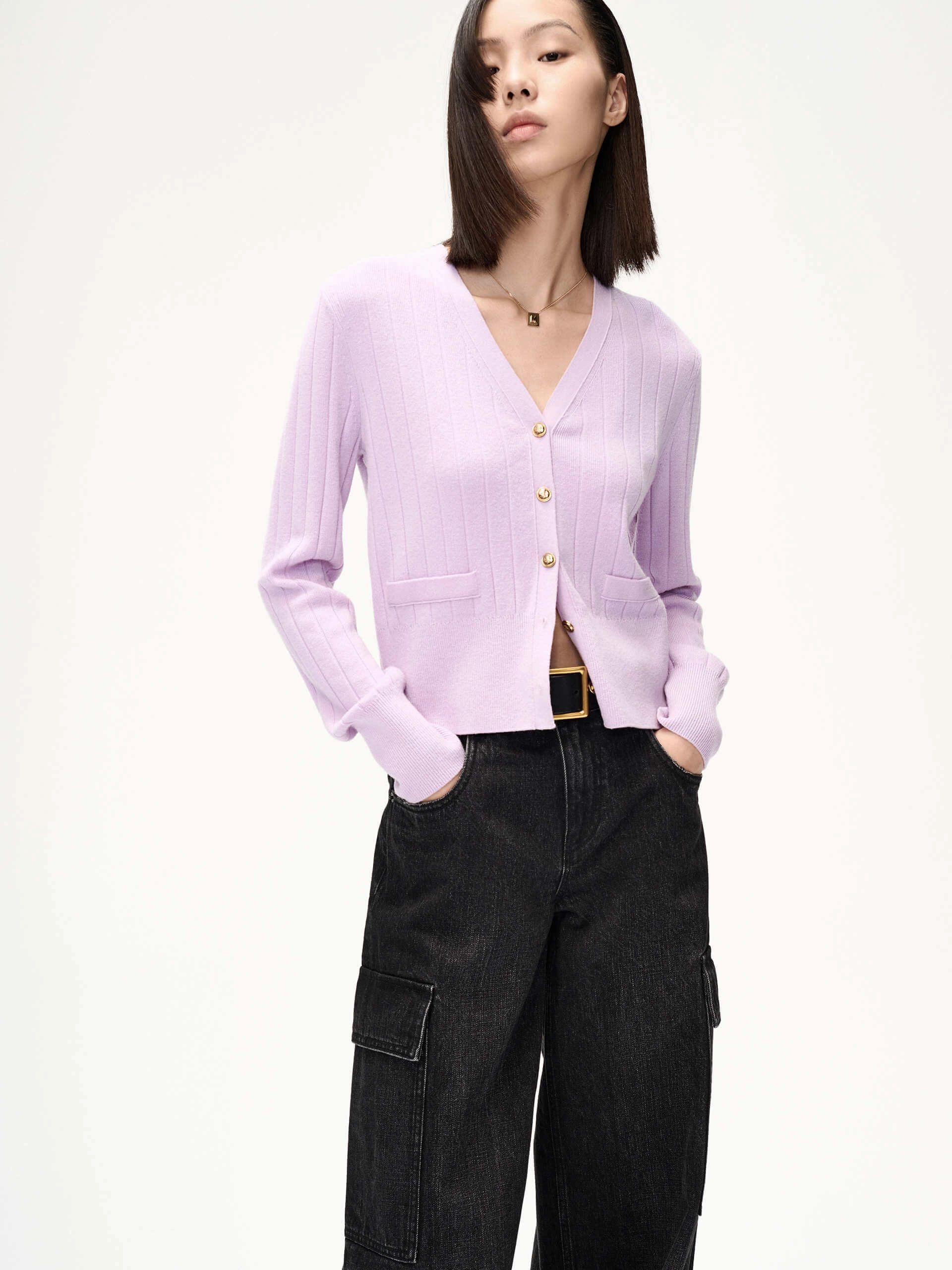 V-neck Knitted Cardigan All Weather Performance Fabric Yarn Dyed Stripes
