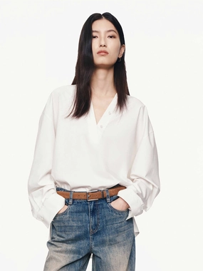 Active Look Self Fabric Tie Closure V-neck Long Sleeves Blouse