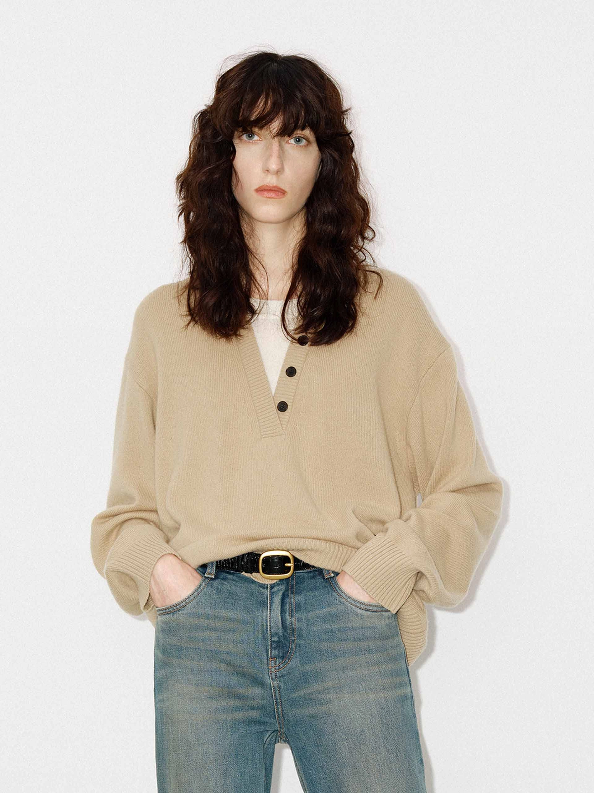 DoubleLayered Neckline V-neck Loose Sweater