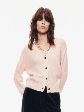 V-neck Ripped Cardigan Metallic Fiber Blend