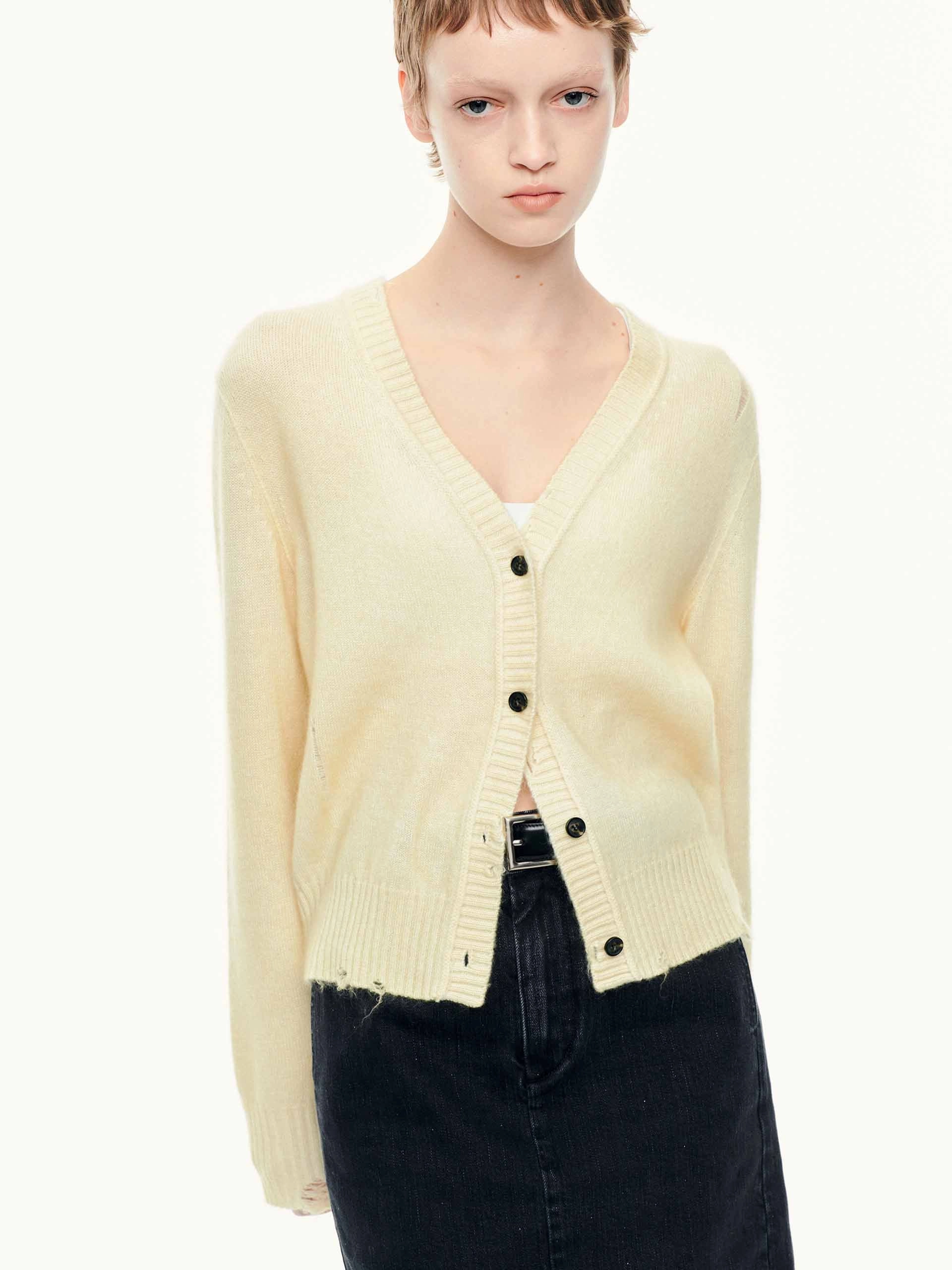 WrinkleResistant Cloth SoftBrushed V-neck Ripped Cardigan