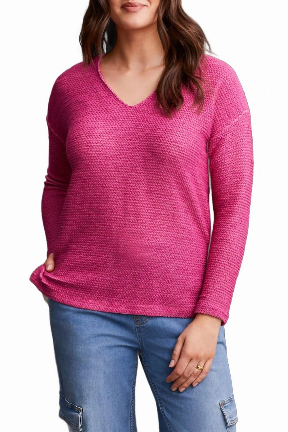 All-Season Wear V-Neck Tunic Sweater With Side Slits In Magenta