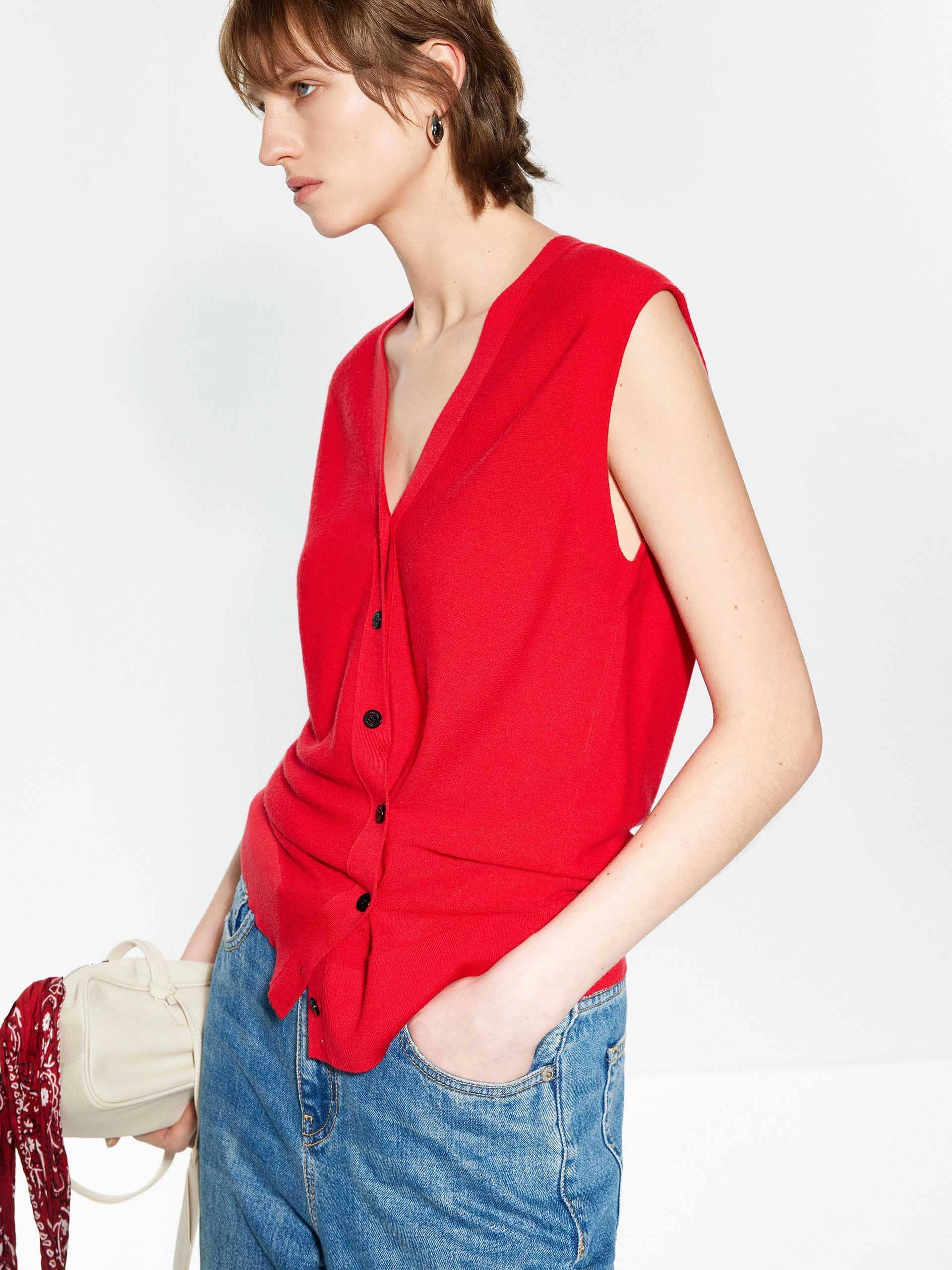 V-neck Wool Knitted Cardigan CollapsibleFrame VentilatedMesh