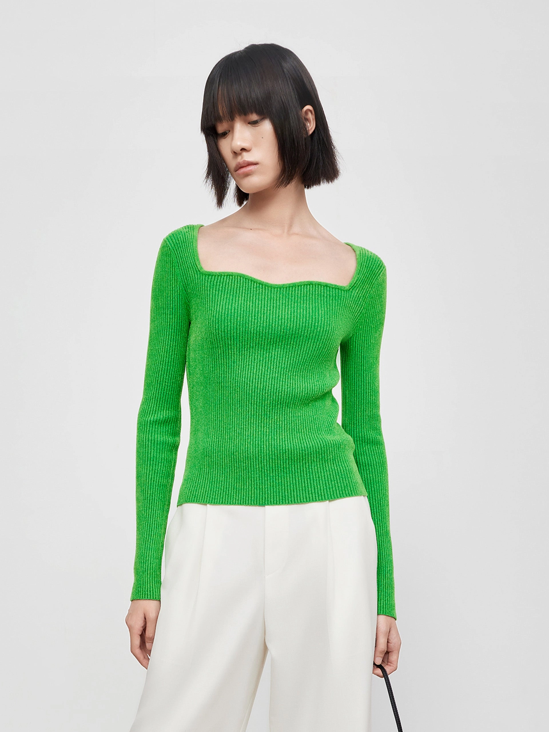 Velvet Effect Sweetheart Neck Knit Top MultiPocket Design