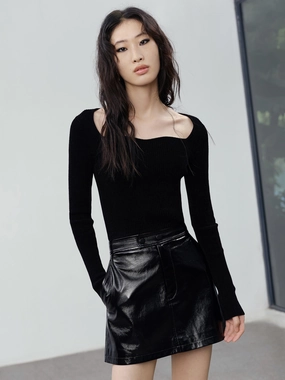 Velvet Effect Sweetheart Neck Knit Top FlexibleMobility