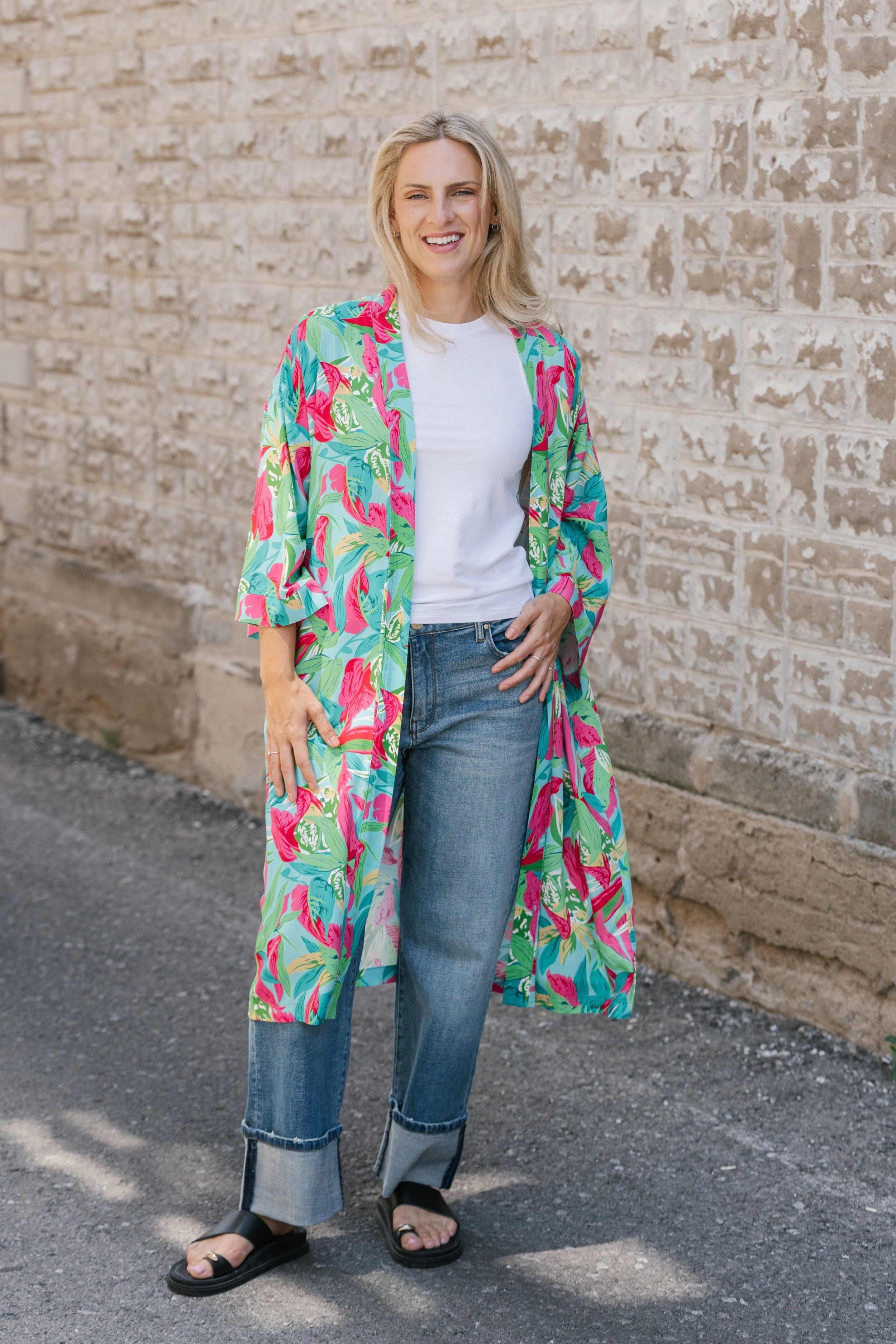 Adley Kimono Cardigan TemperatureRegulating Fabric Contrast Stitch Accent