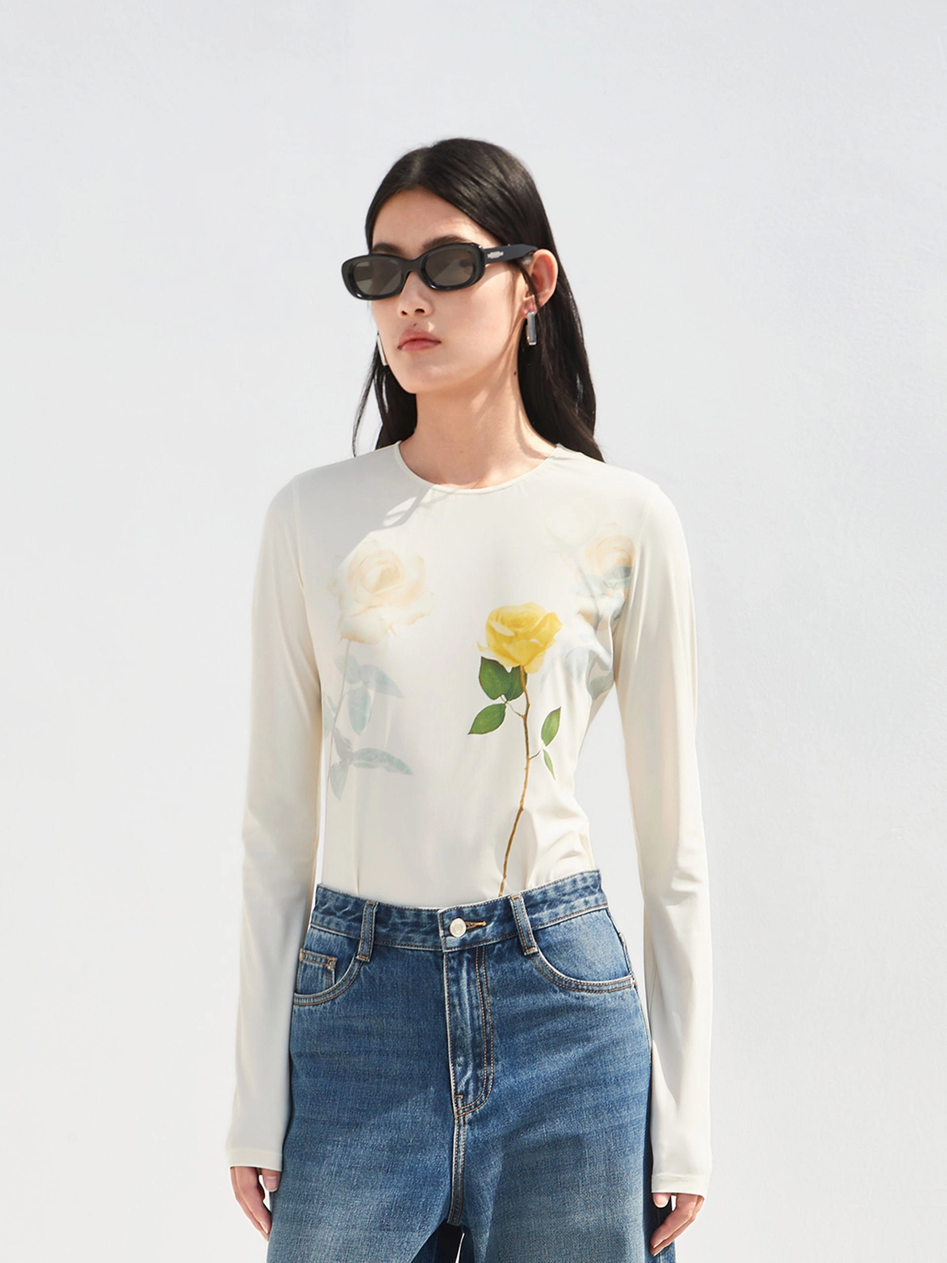 Crewneck Flower Pattern Top AbrasionResistantFabric High Collar Protection Design