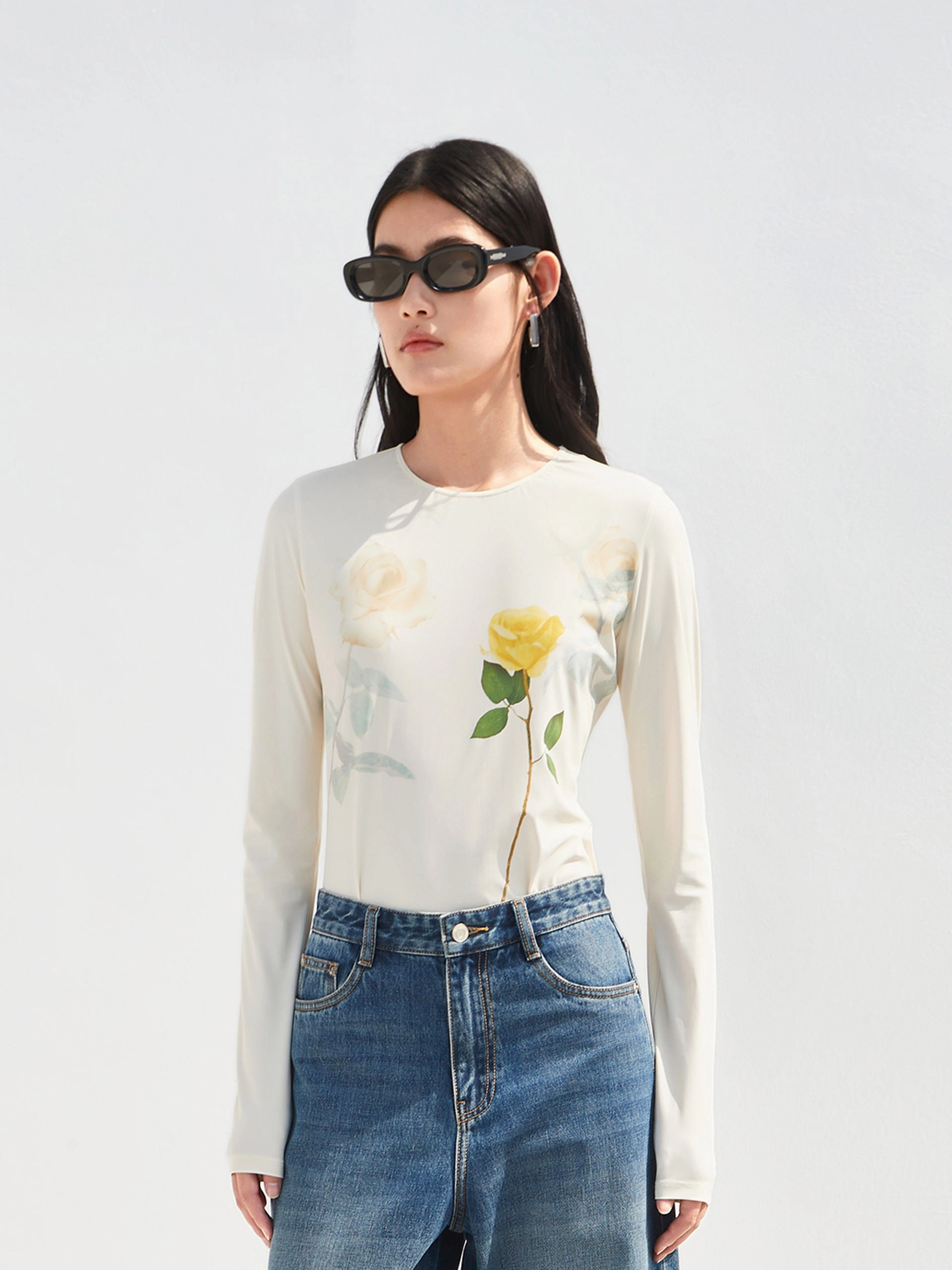 Crewneck Flower Pattern Top Fray Resistant Edges