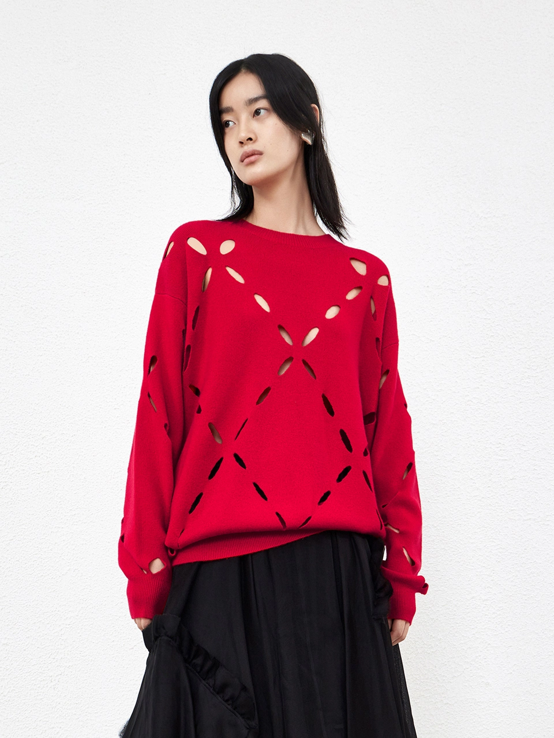 ChafeFreeEdging Crewneck Wool Blend Openwork Sweater