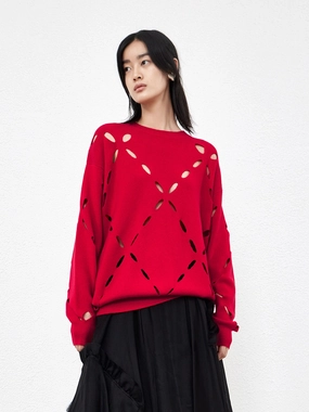 AntiOdorTechnology Crewneck Wool Blend Openwork Sweater