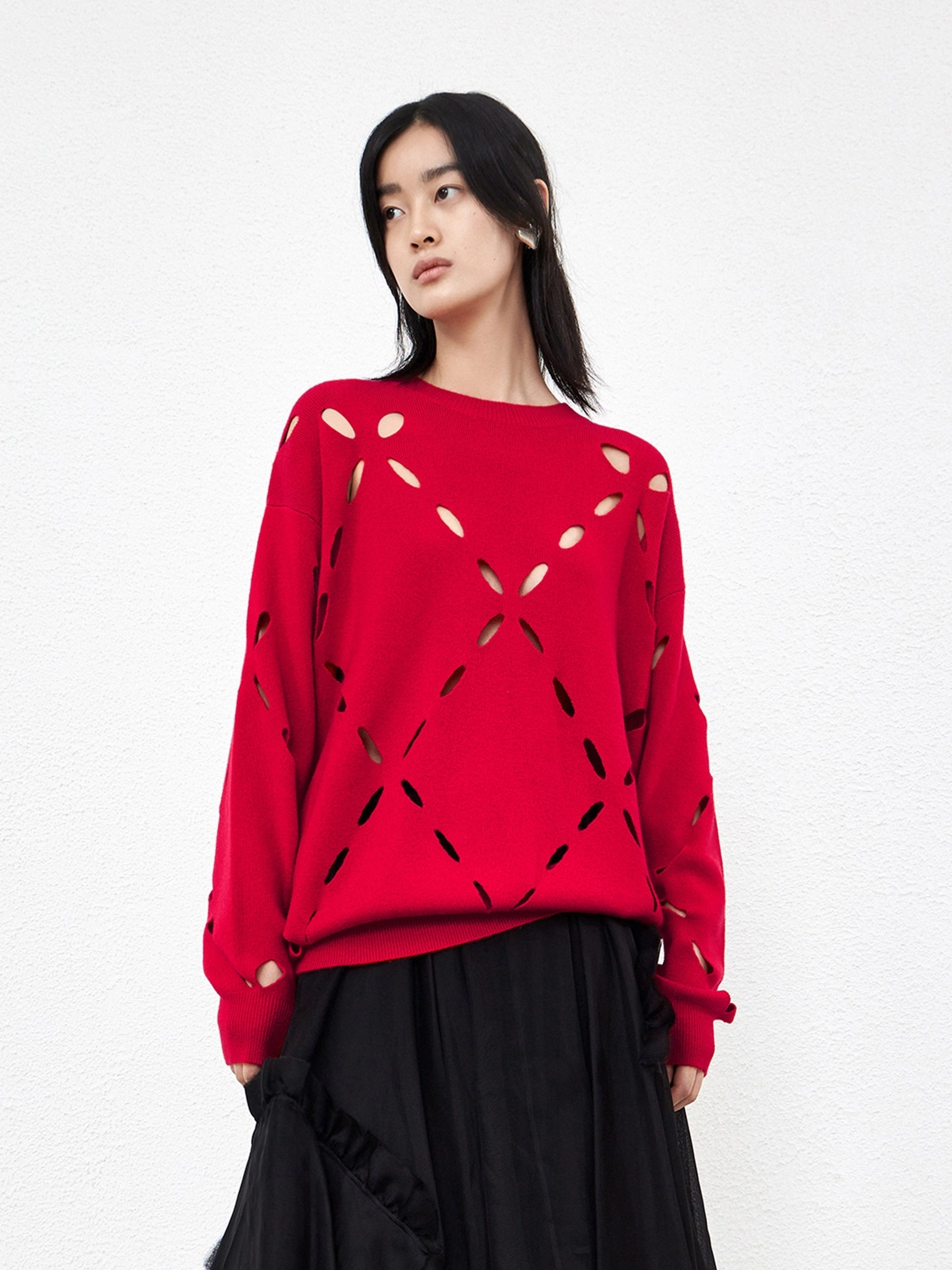 Crewneck Wool Blend Openwork Sweater Sustainable Manufacturing