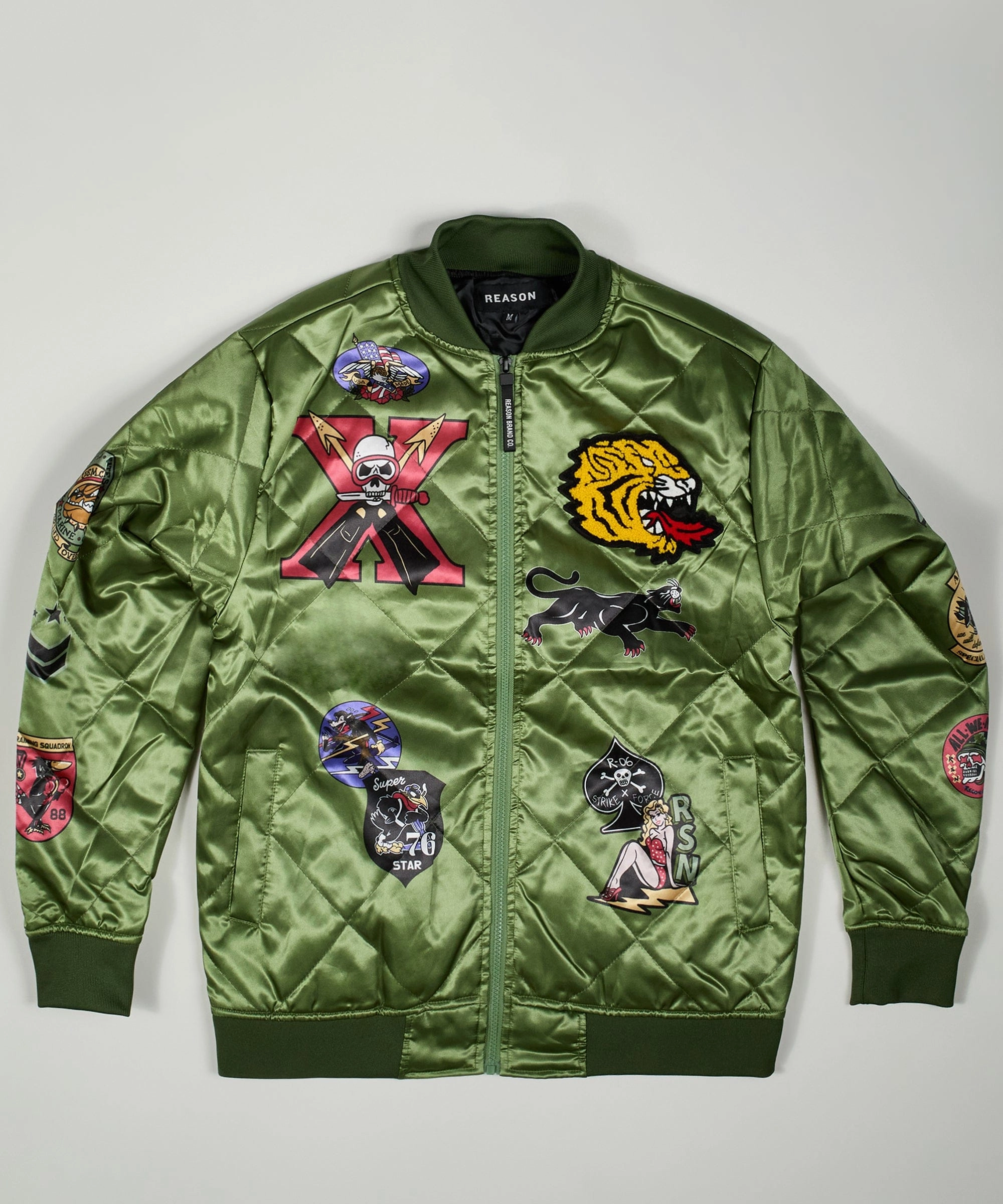 Military Satin Bomber Jacket - Olive Green RibbedTrims