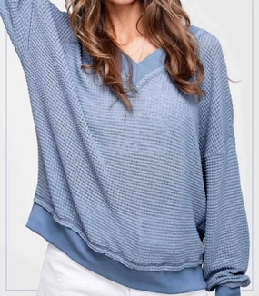 Waffle V Neck Top In Denim Lightweight Cable Pattern Breathable Mesh Panels