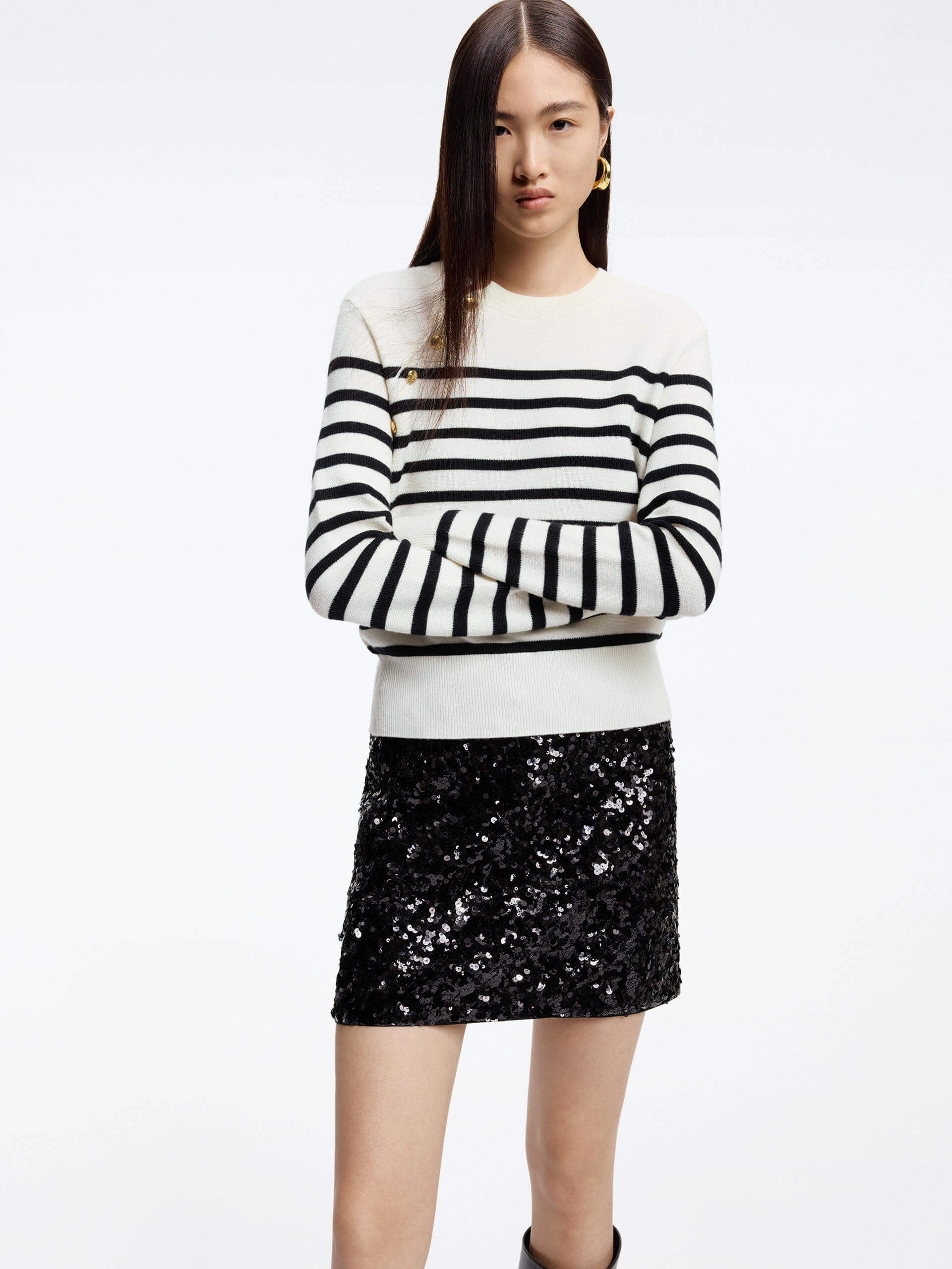 Brushed Microfiber Surface PlacketDetail Wool Striped Knit Sweater