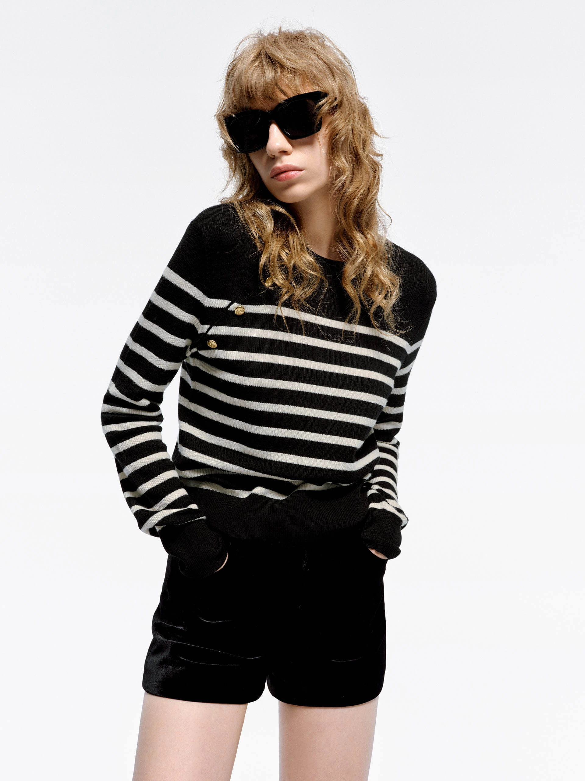 Wool Striped Knit Sweater Adjustable Hem Cuff