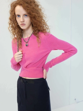 ContrastPlacket Machine Washable Fabric Cross Front Ribbed Knit Top
