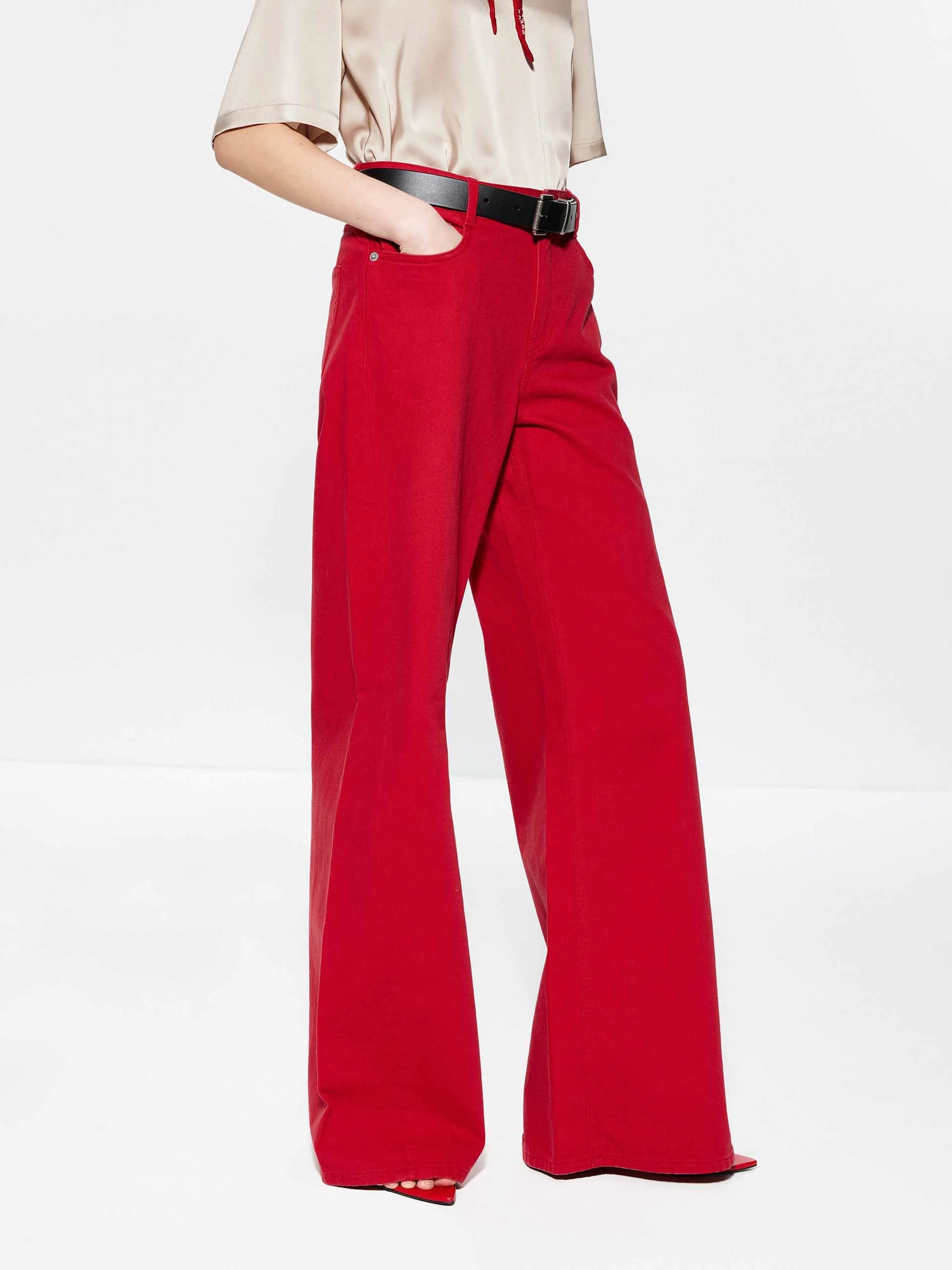 Red Wide Leg Cotton Jeans Travel Outfit Evening Stroll Minimalist