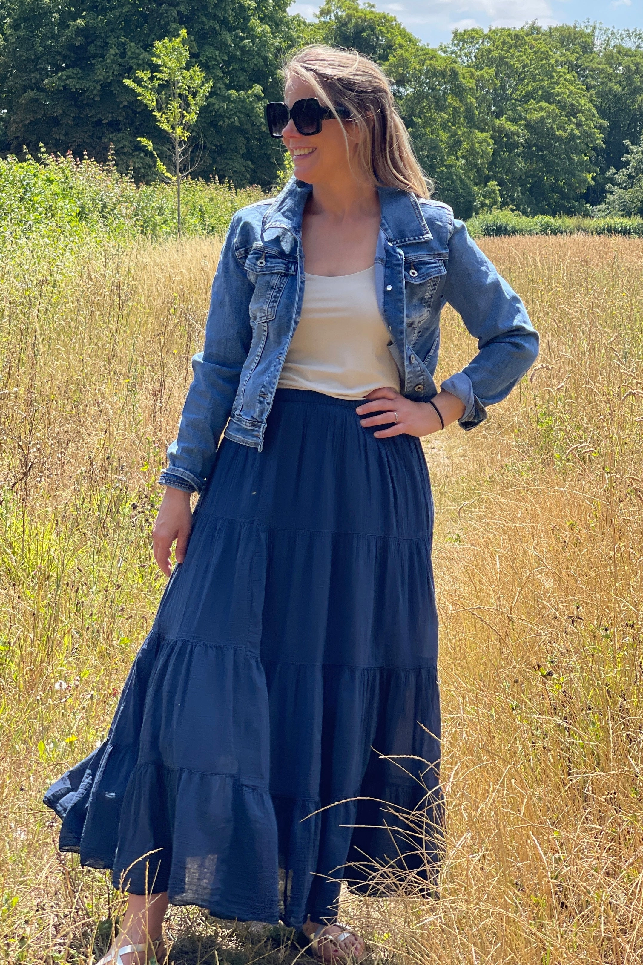Boho Tiered Cotton Maxi Skirt Hidden Zipper Dust Proof Fabric