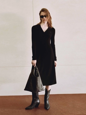 Virgin Wool Midi Knit Dress Square Neck