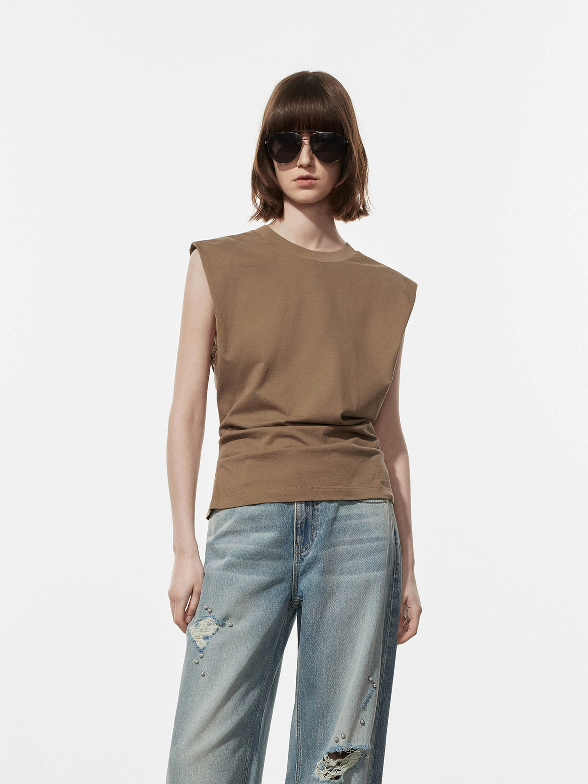 Waisted Cap Sleeve T-shirt Anti Pill Surface Light and Fresh