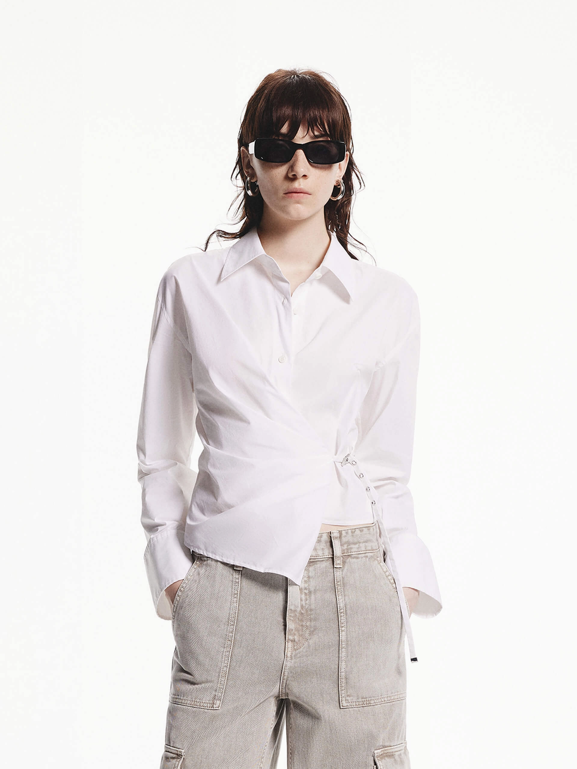 Waisted Tie Cropped Shirt CrewNeck