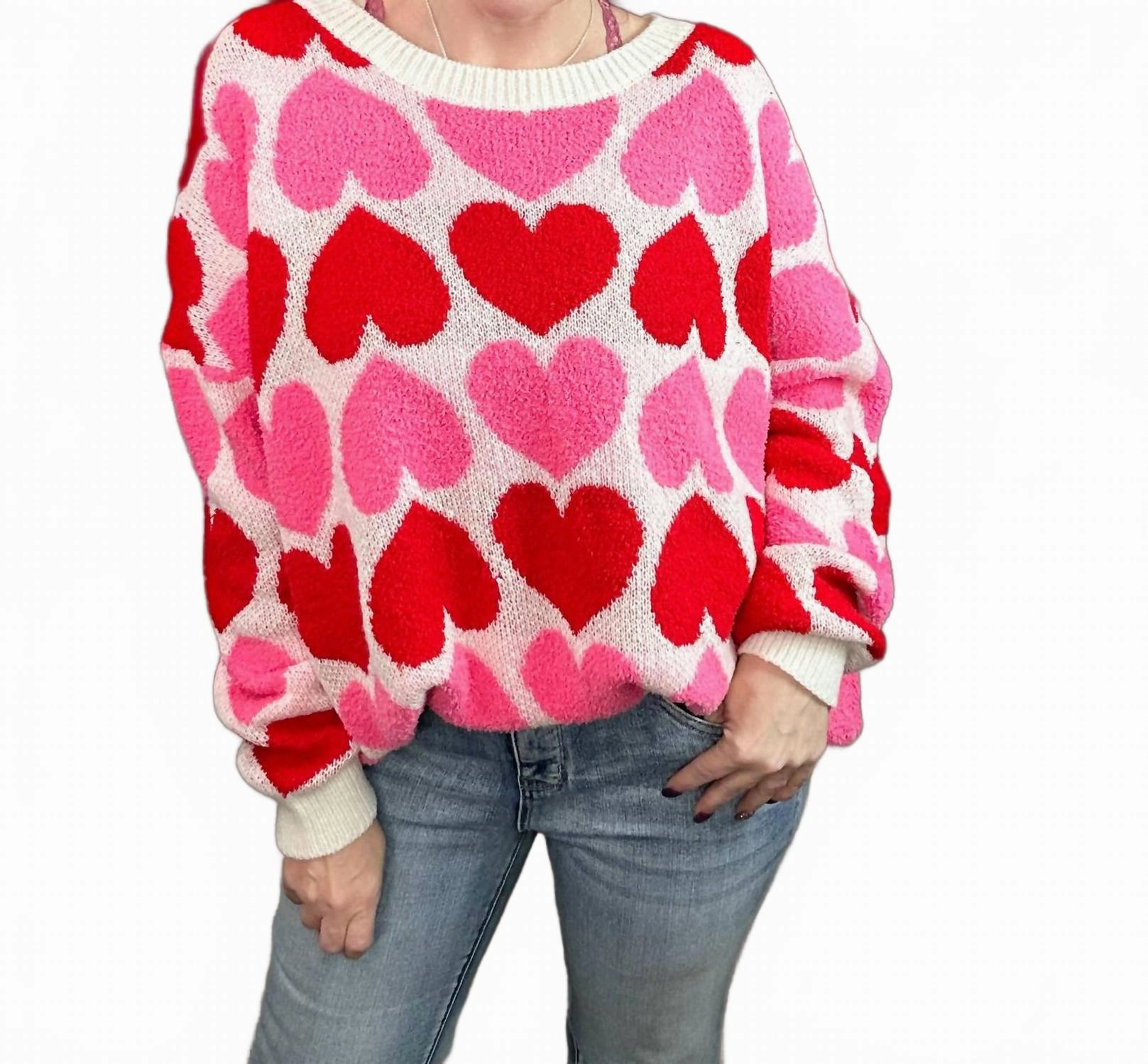 Super Soft Sweater In Pink And Red Hearts Basic Layer
