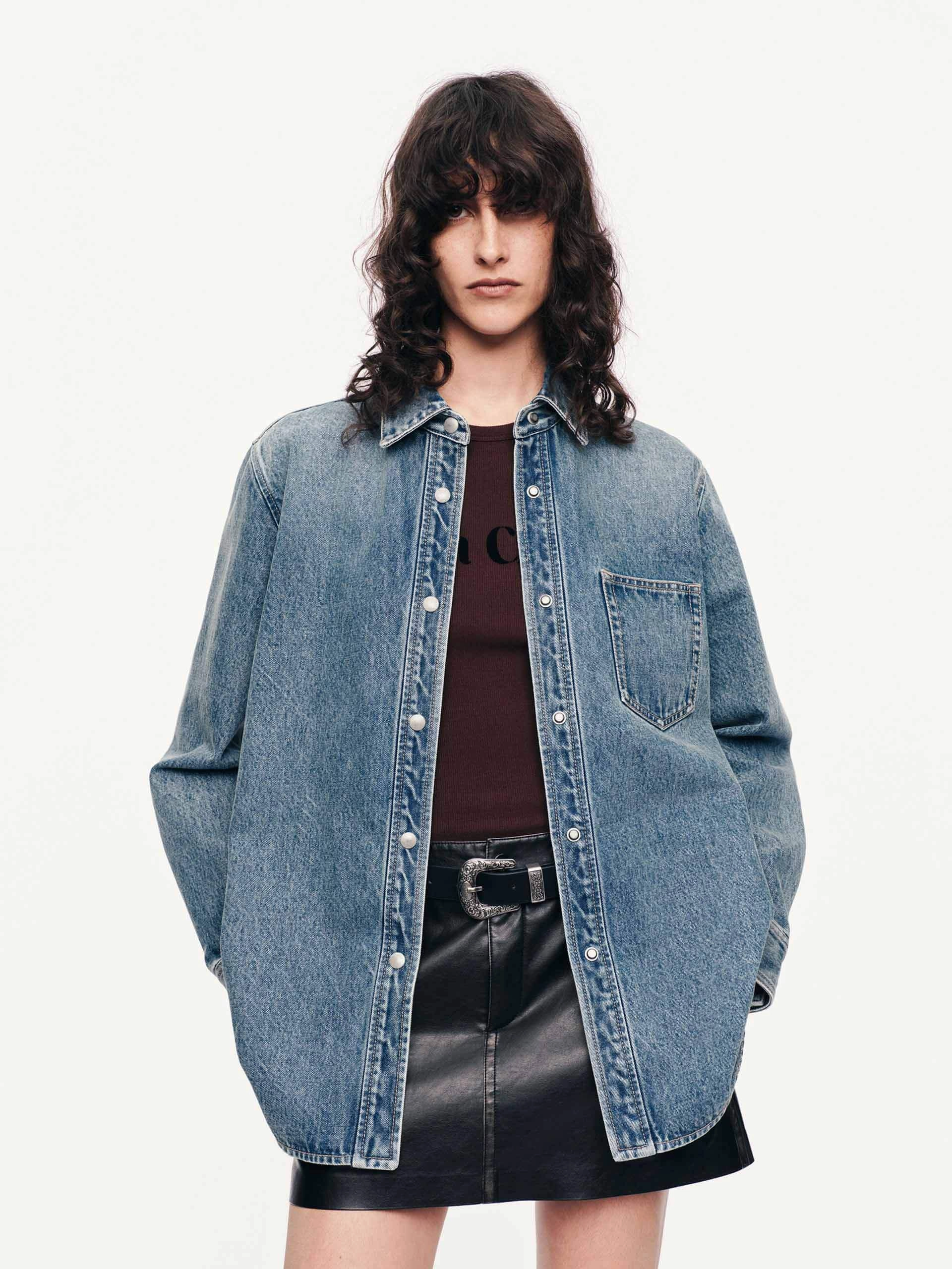 Wash Cotton Denim Shirt High Neckline Structure