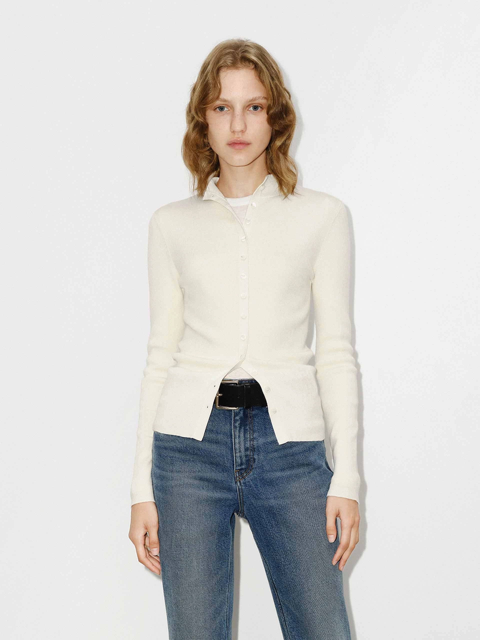 Faux Placket Slim Knit top FlexibleCollar