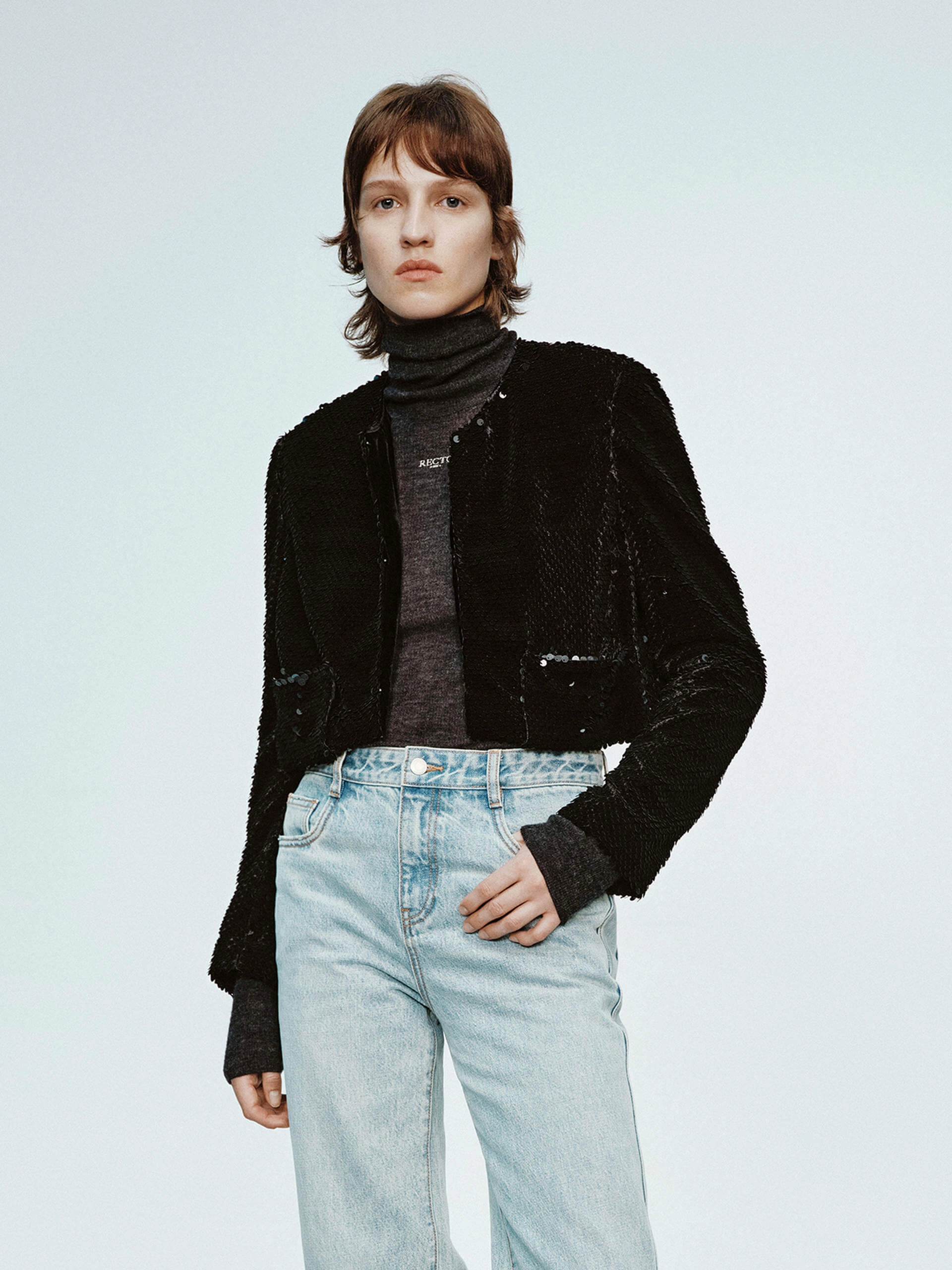 Sequins Finish Cropped Coat Anti Pill Fabric Tech