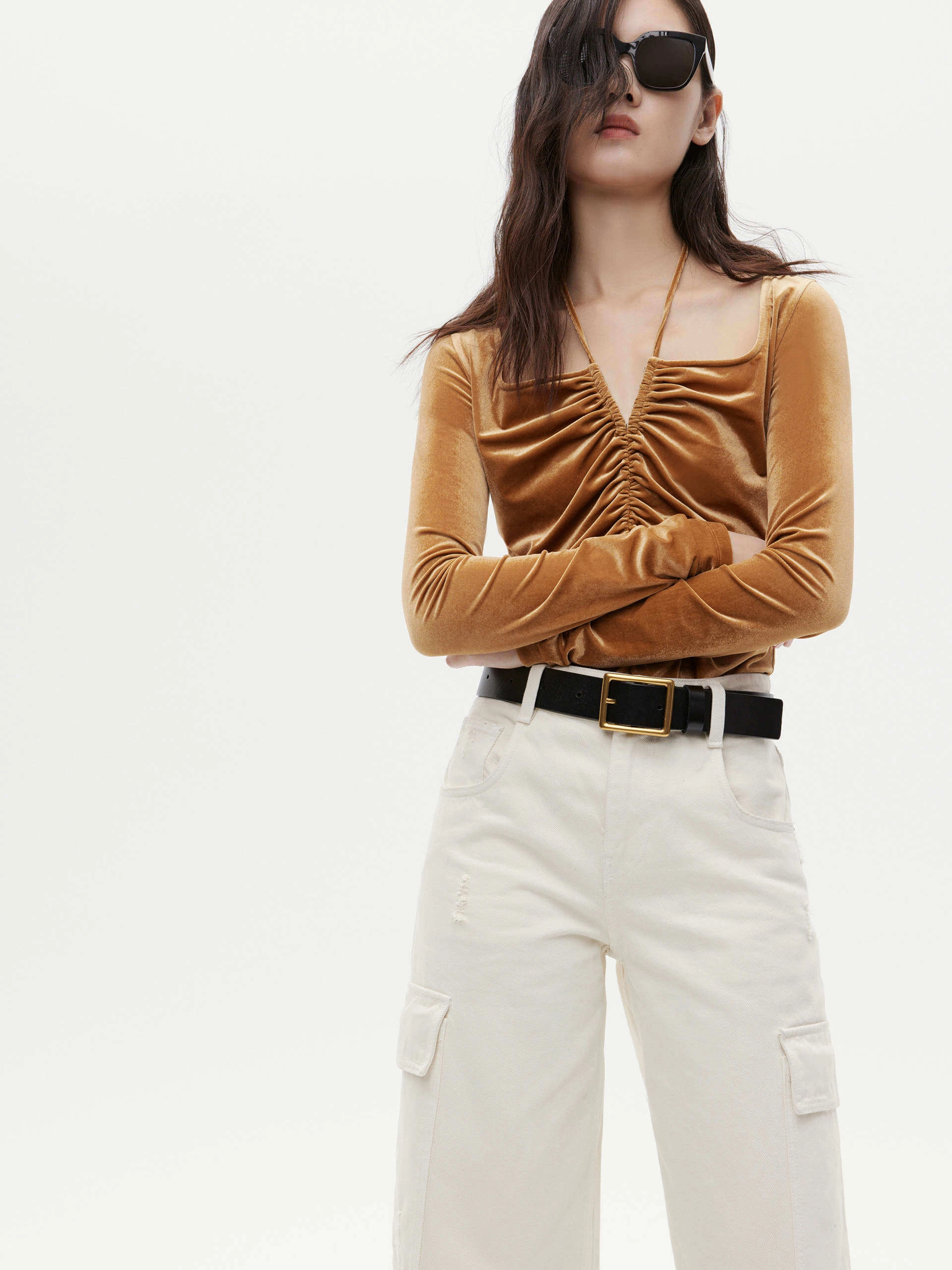Square Collar Pleated Top SeamlessKnitConstruction