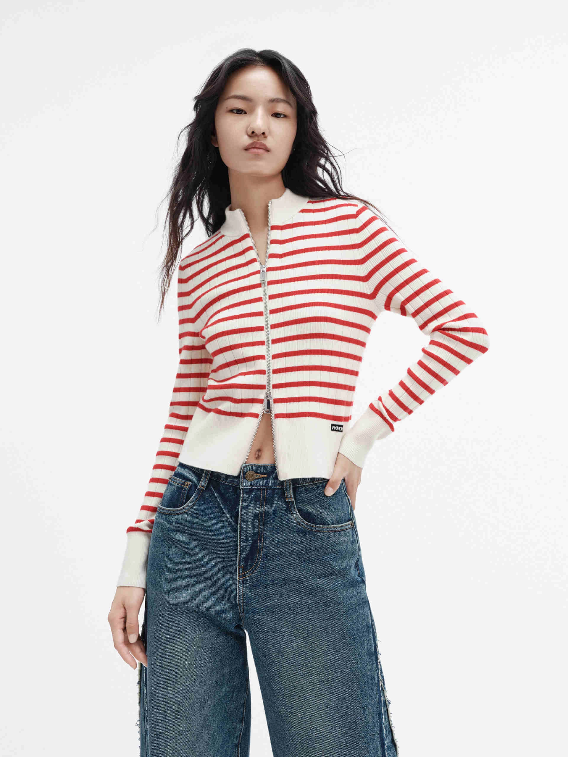 Zipper Detail Knitted Cardigan Double Stitched Hems Moisture Wicking Material