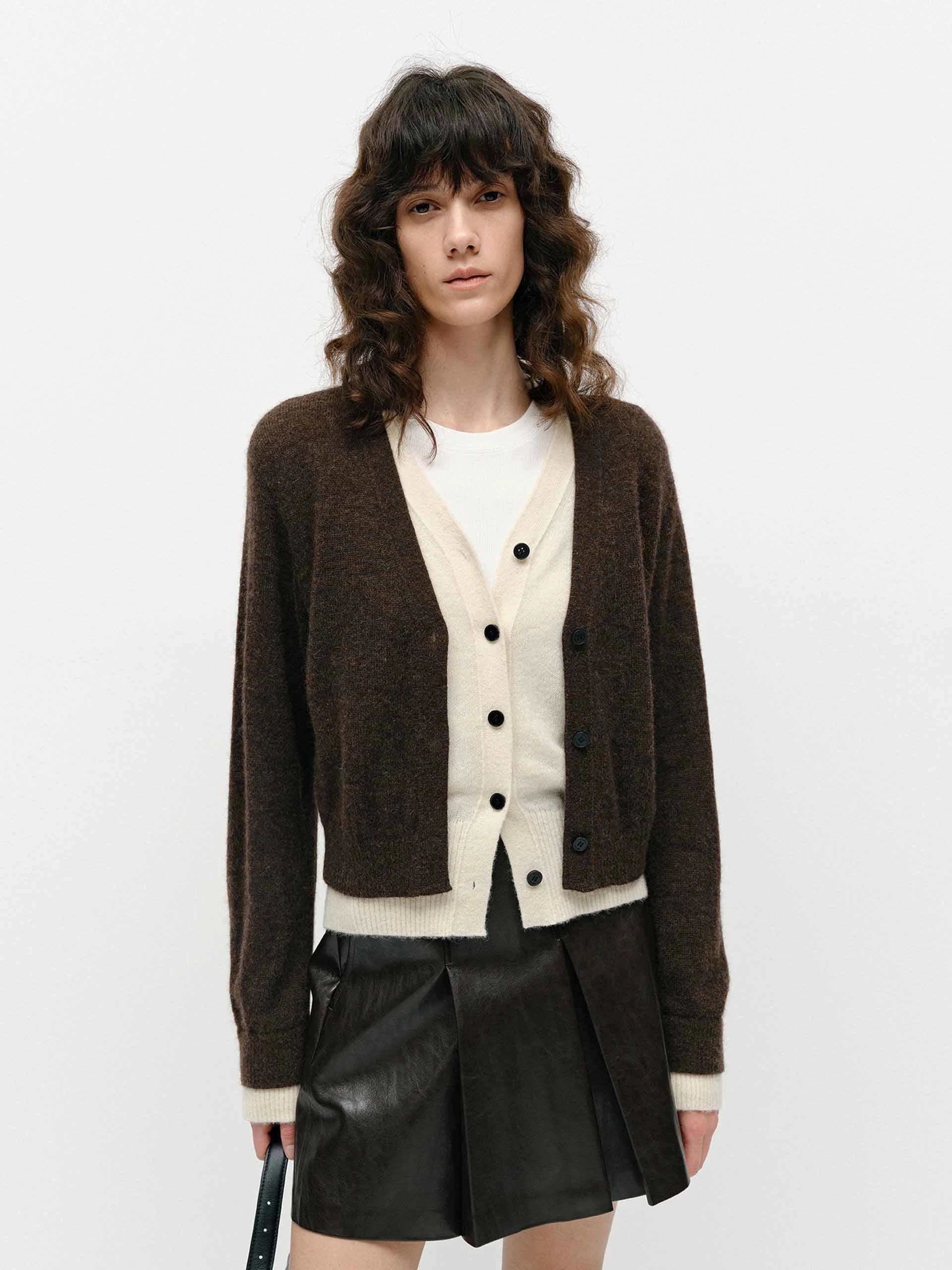 Layered Detail Cropped Cardigan Breathable Underarm Gussets Ribbed Knit Fabric