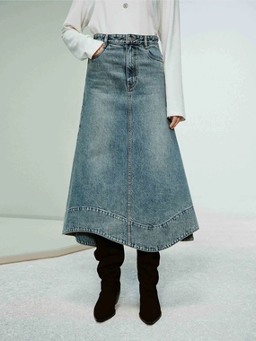 EcoFriendlyDye Feminine Cut Wave Hem Denim Skirt
