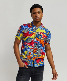 Ribbed Trim Details Wavy Allover Print Short Sleeve Shirt