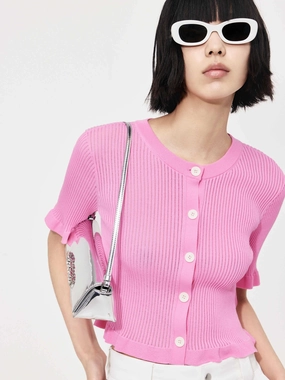 Casual Tee Non Irritating Seam Finish Wavy Trim Knit Cardigan