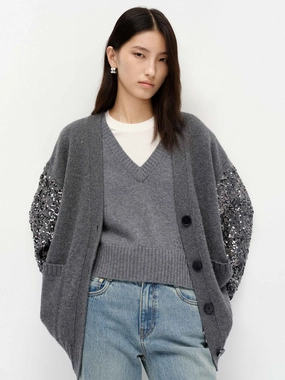 Ribbed Collar Style Crystal Detail Wool Cardigan