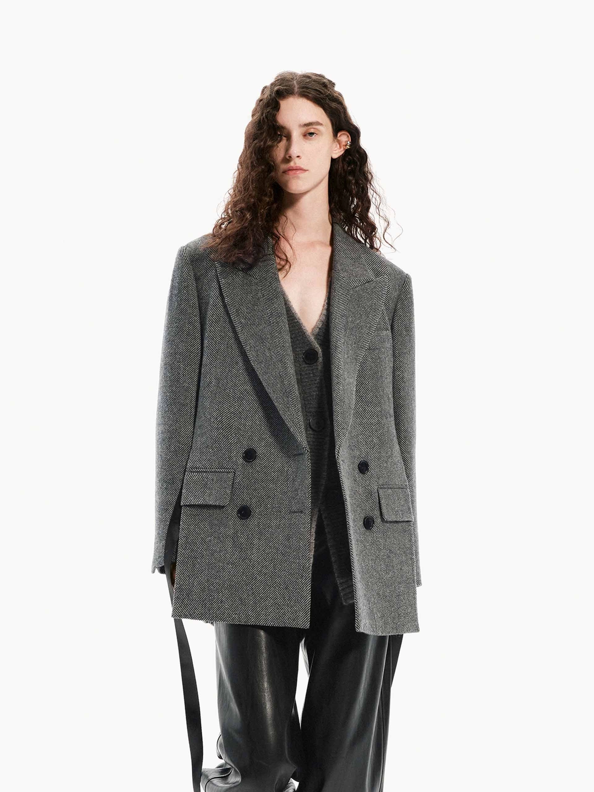 Herringbone Structured Coat Simple Outer Refined Style