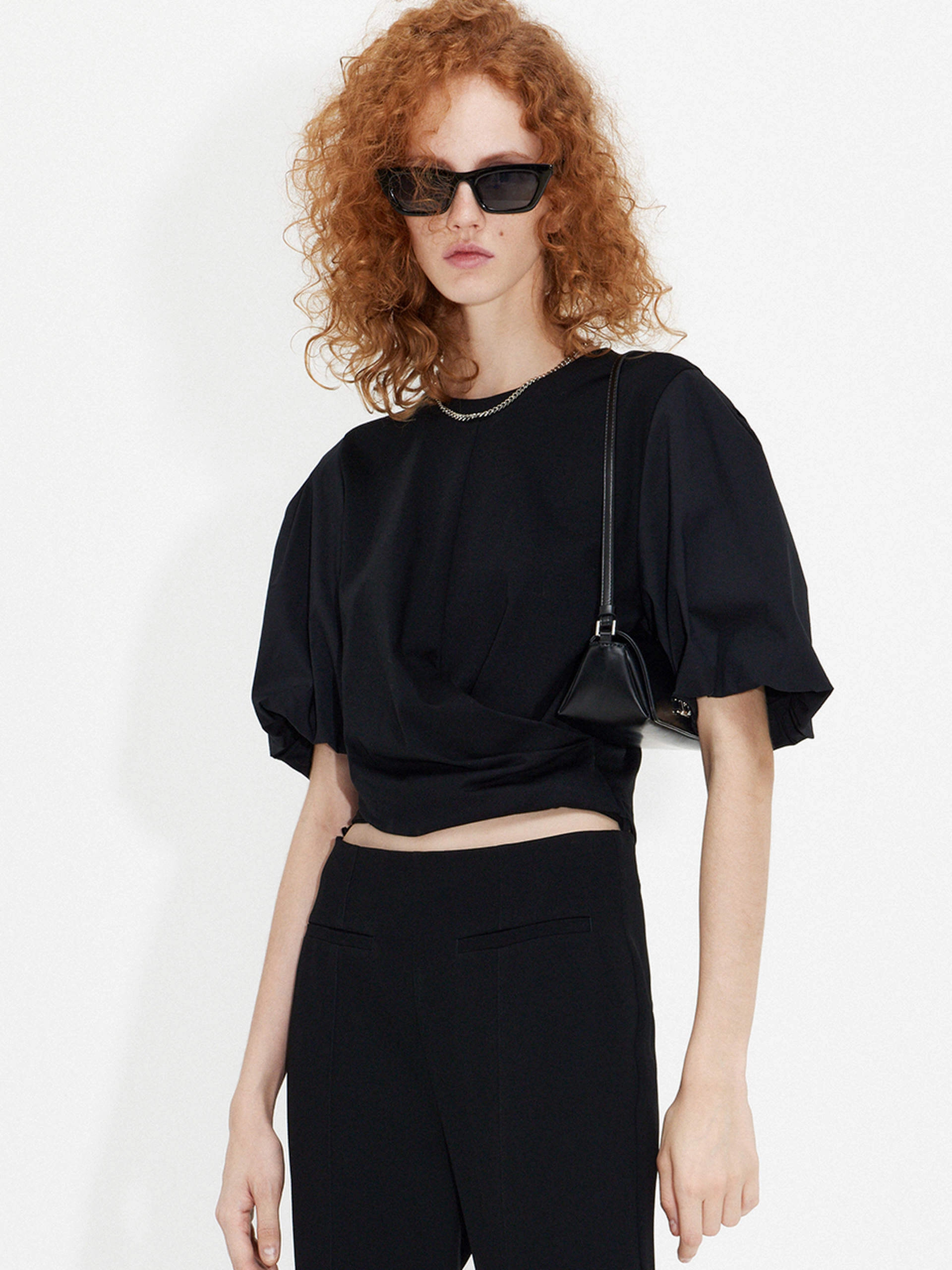 Puff Sleeves Cotton Top Hidden Zipper