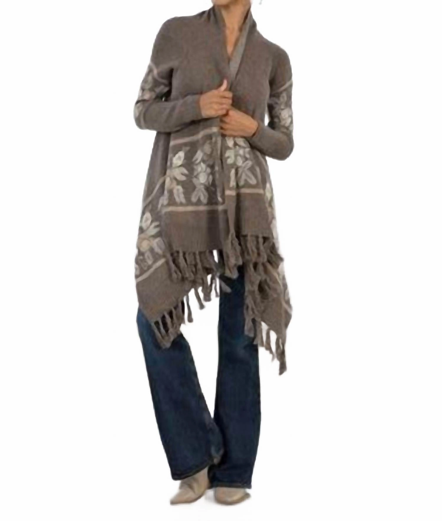 Effortless Comfort Wear Sustainable Production Certified Western Floral Knit Fringe Trim Cardigan In Grey