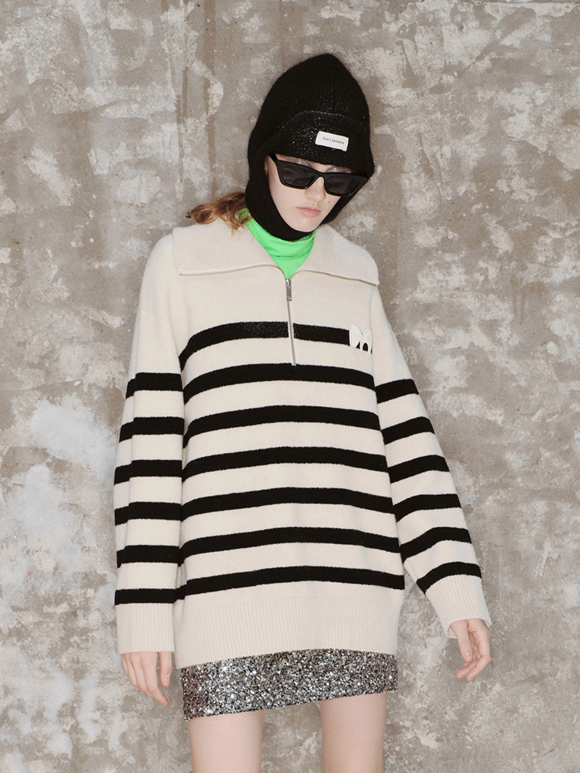 Wide Lapel Striped Sweater TearResistant Layered Hemline