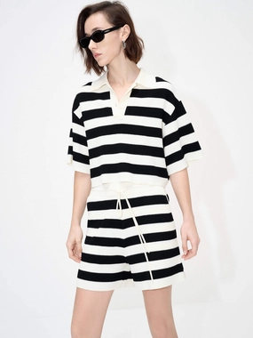 Layered Placket Design Wide Stripe Cropped Top