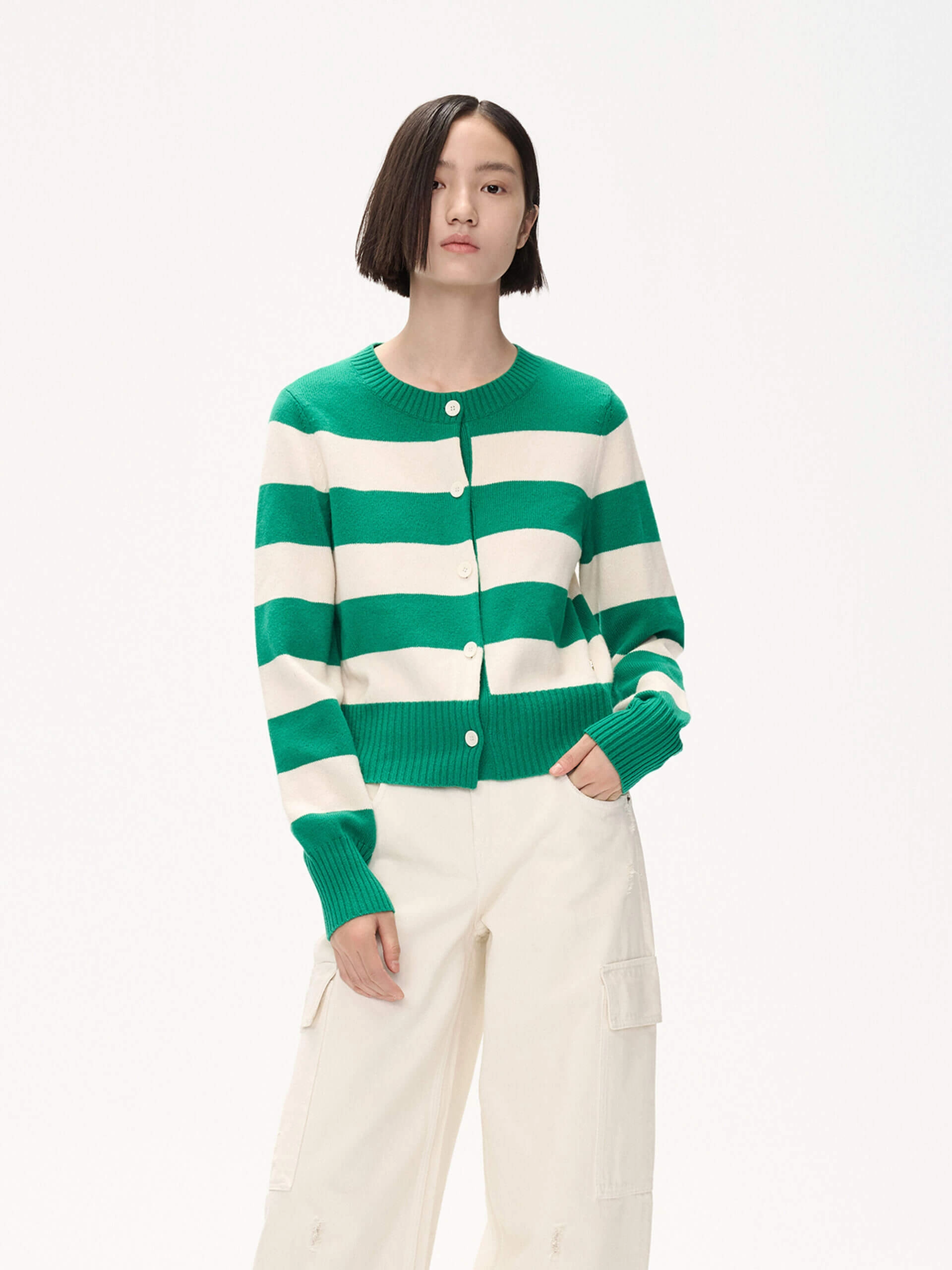Erasable Surface Coating Raglan Sleeve Wide Striped Knit Cardigan