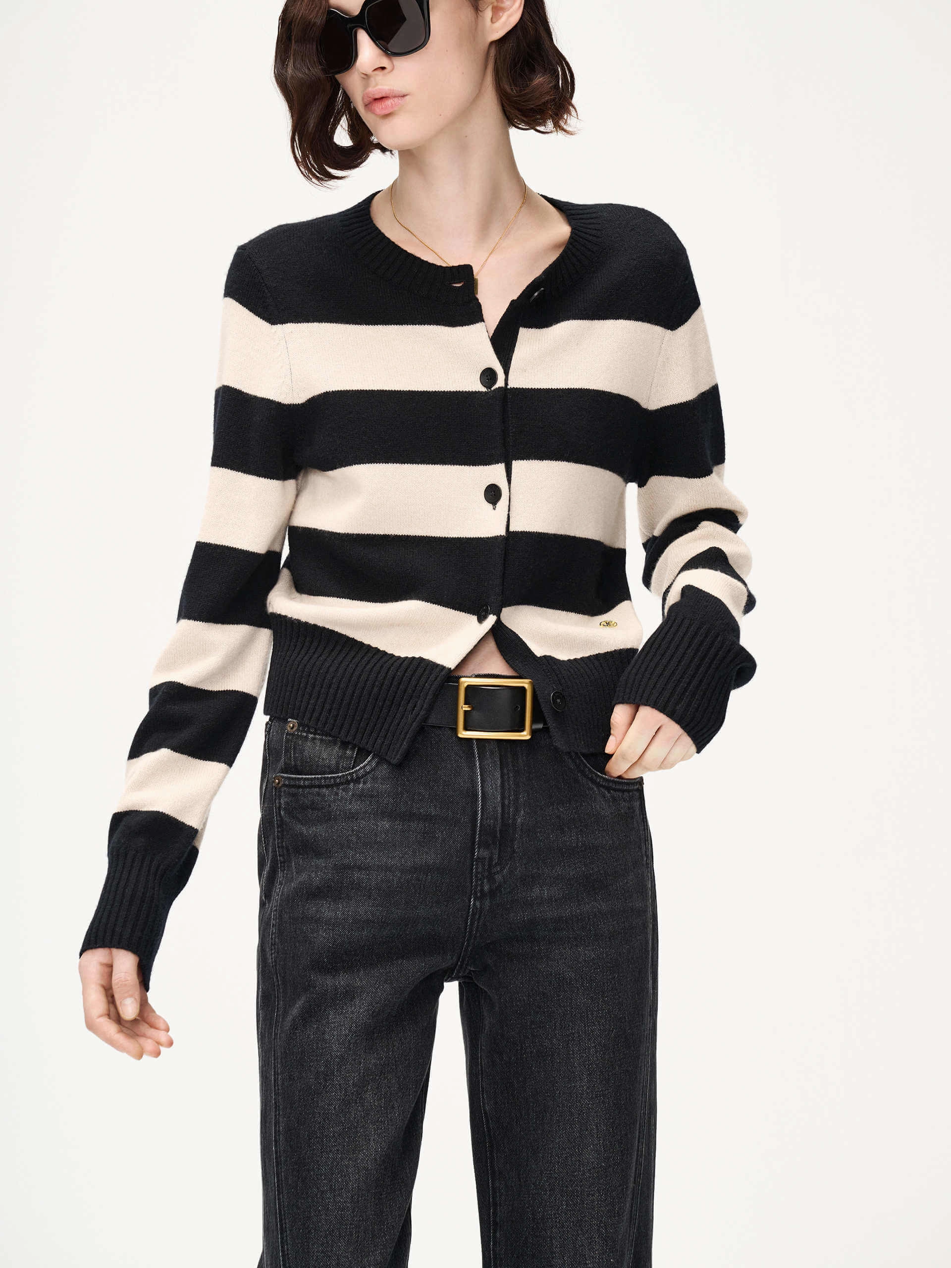 Wide Striped Knit Cardigan BambooBlend Variable Tension Adjustment
