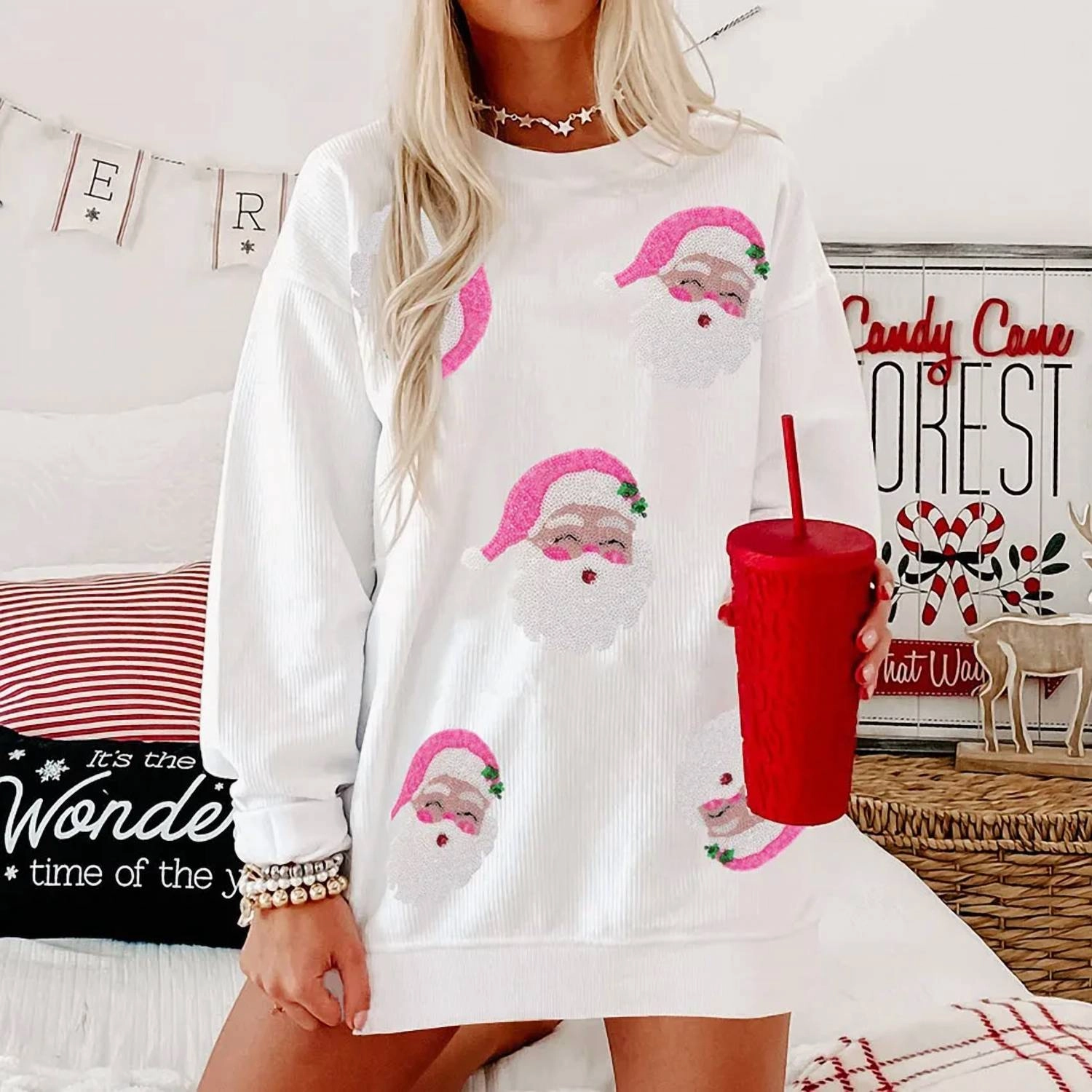 Ribbed Sequin Santa Sweatshirt In Creamy White Premium Cotton Blend Recycled Material Crafting