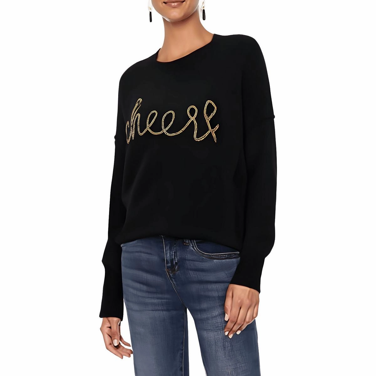 Womens Beaded Ribbed Trim Pullover Sweater Adjustable drawstring