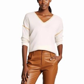 Womens Contrast Trim Knit V-Neck Sweater Knit Comfort Wear
