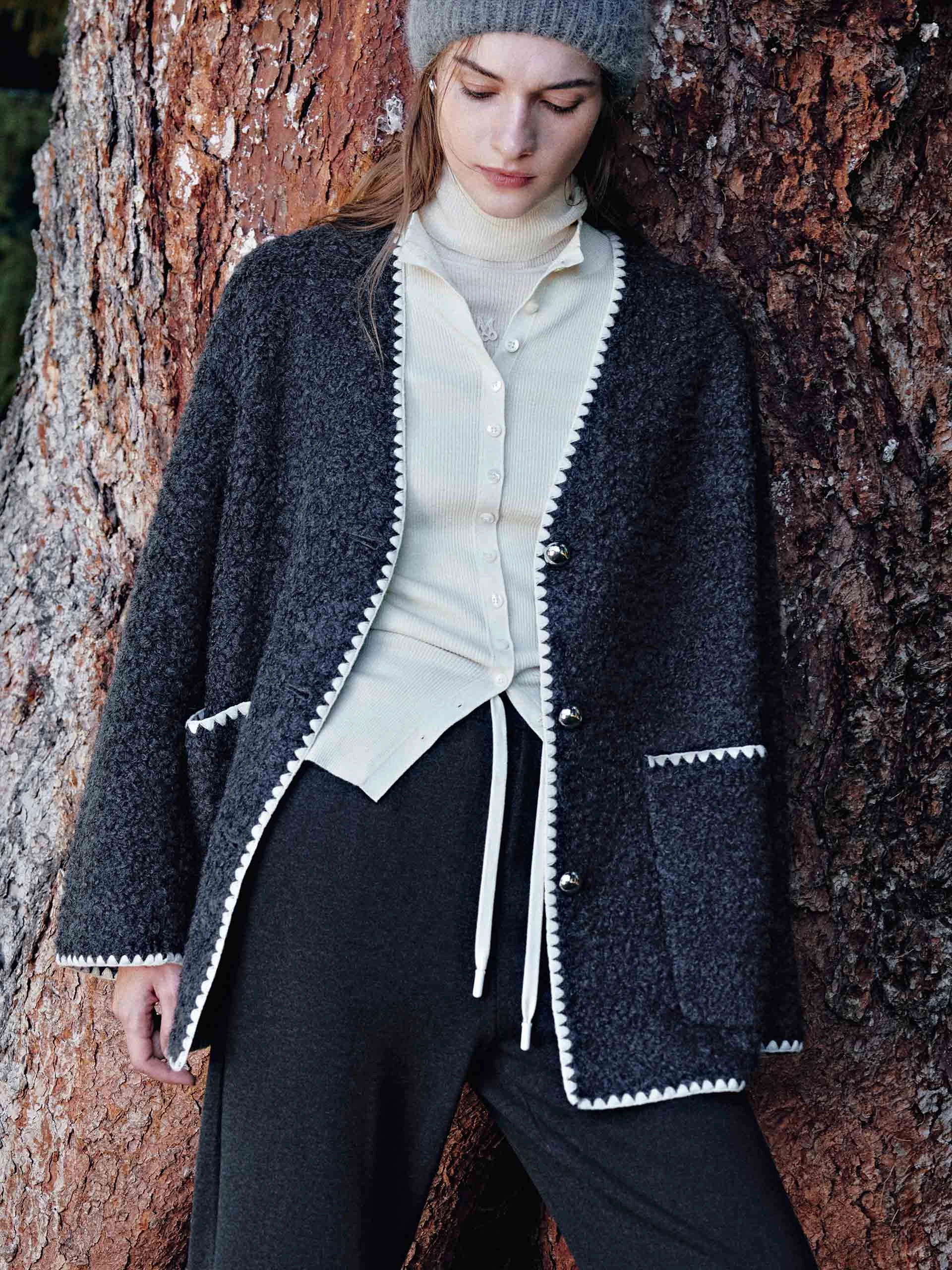 Wool Blend Boucle Knit Cardigan Snag Free Fabric